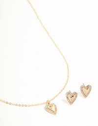 Gold Diamante Heart Edge Necklace & Stud Earrings - link has visual effect only