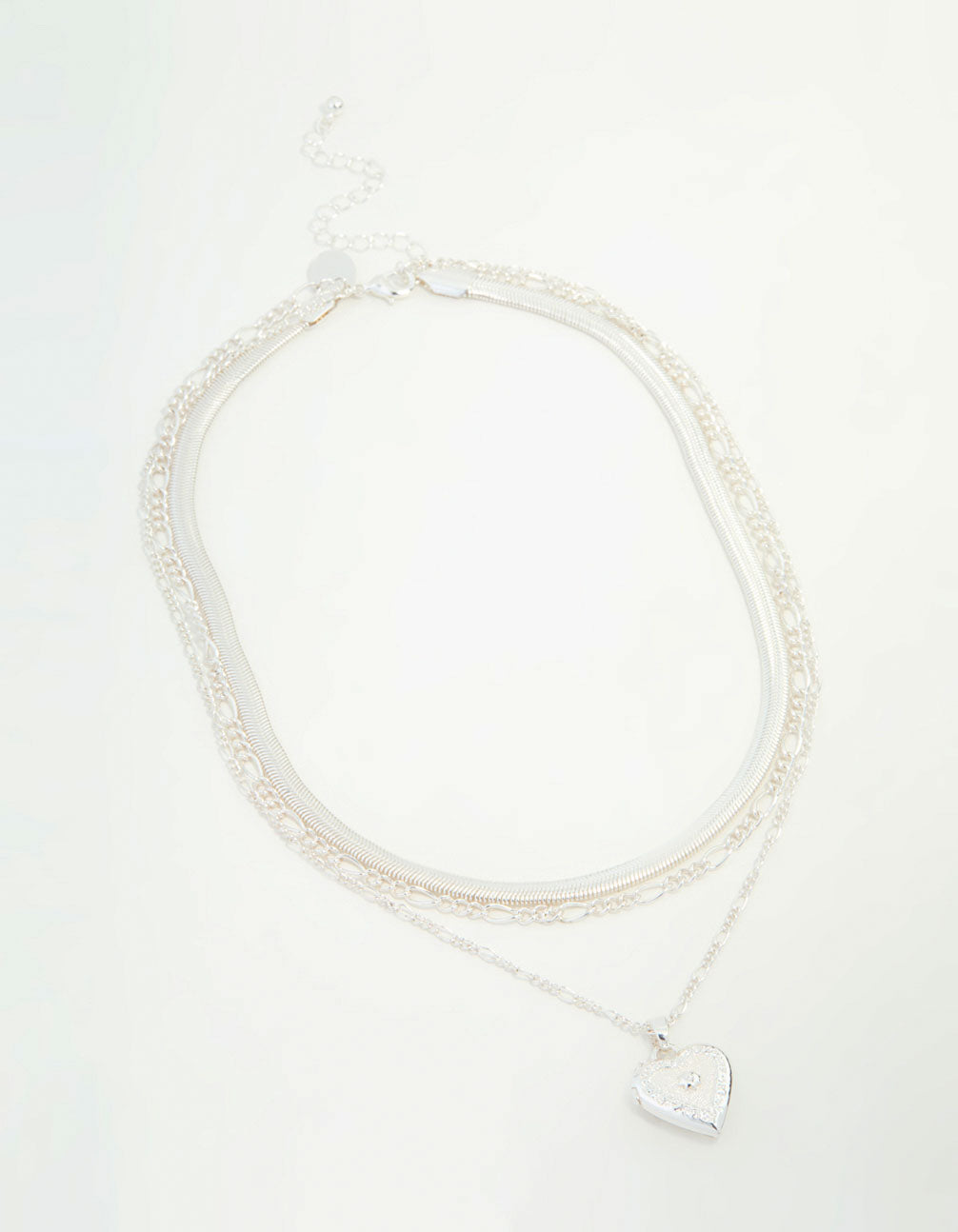 Silver Chain & Figaro Heart Locket Layered Necklace