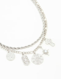 Silver Textured & Diamante Charm Layered Necklace - link has visual effect only