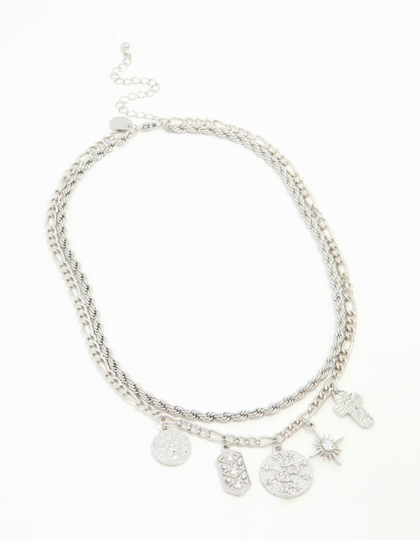 Silver Textured & Diamante Charm Layered Necklace