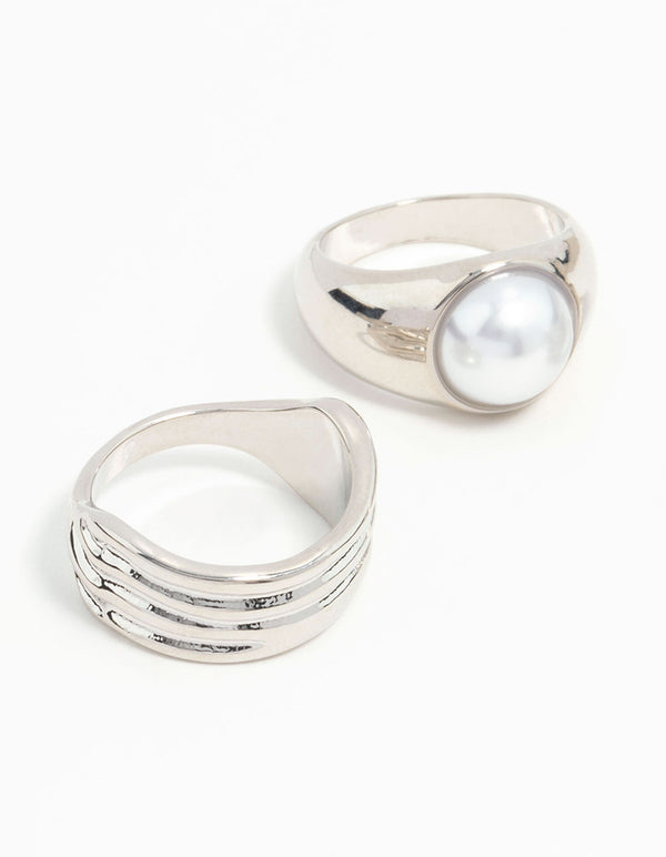 Silver Chunky Ridge & Pearl Rings 3-Pack