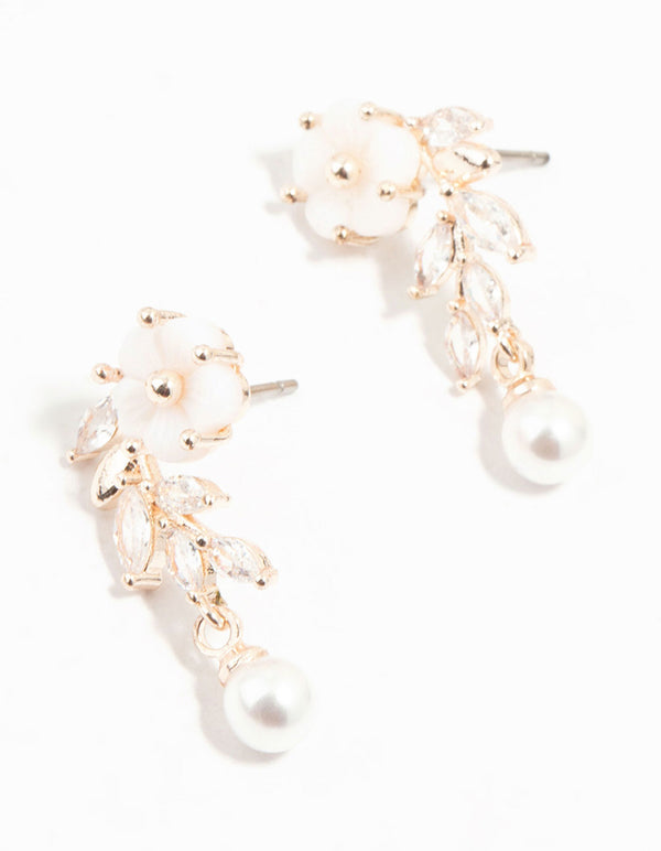 Rose Gold Plated Flower & Pearls Drop Earrings