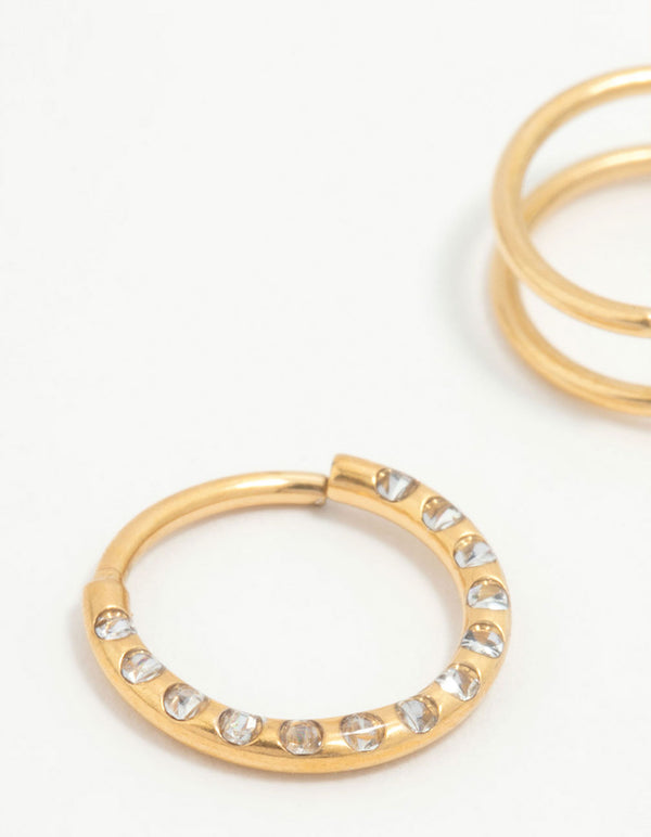 Gold Plated Titanium Cubic Zirconia & Spiral Nose Rings 2-Pack