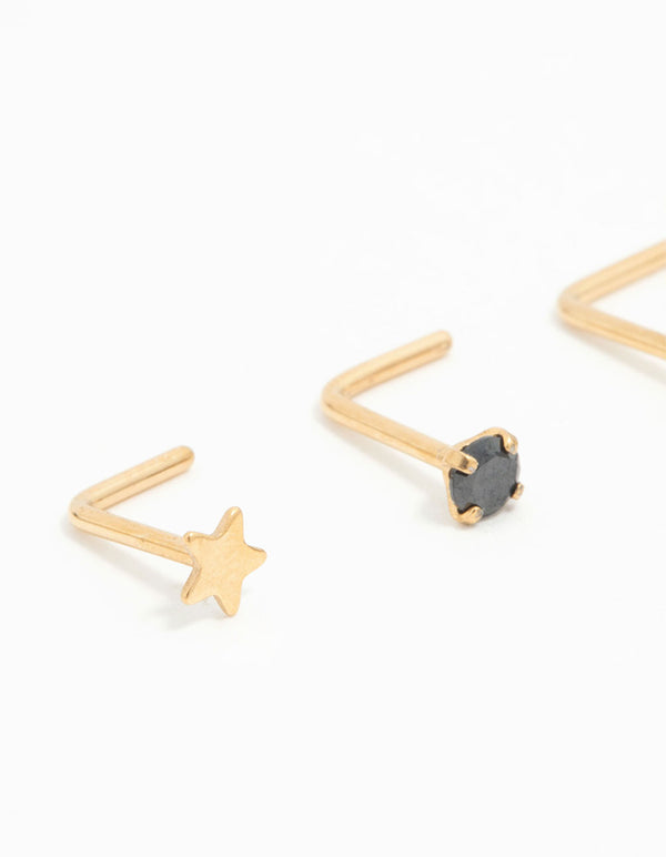Gold Plated Titanium Star & Diamante Nose Studs 3-Pack