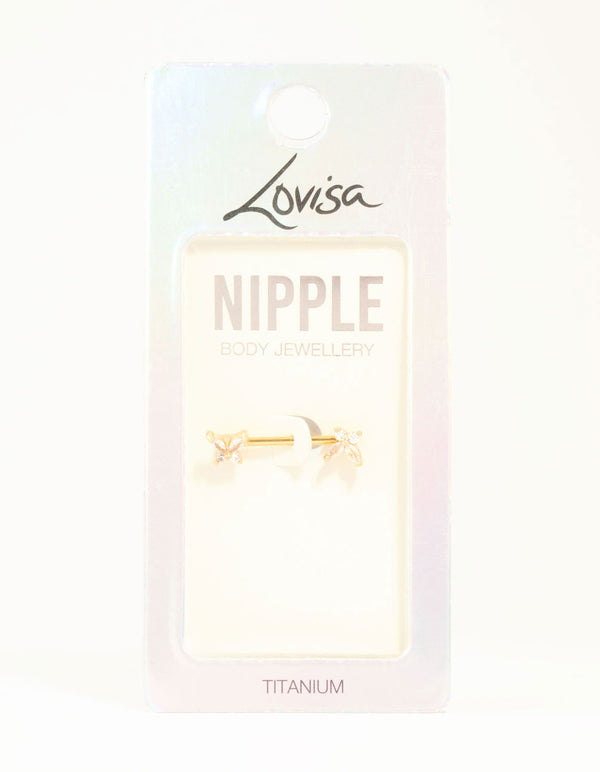 Gold Plated Titanium Cubic Zirconia Butterfly Nipple Bar