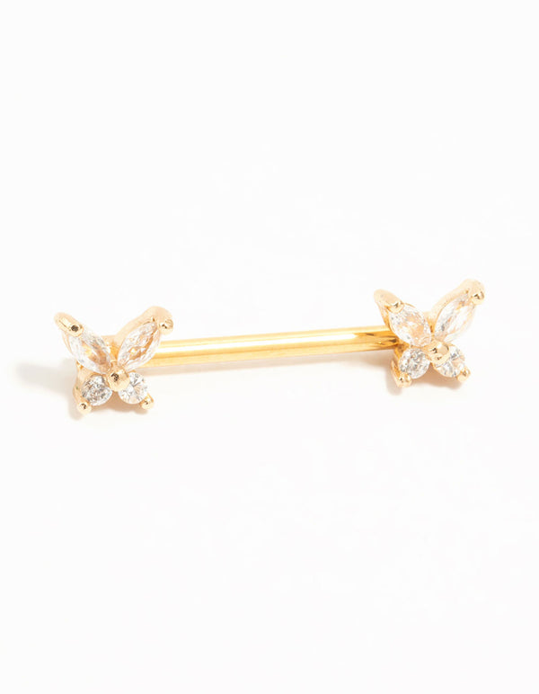 Gold Plated Titanium Cubic Zirconia Butterfly Nipple Bar