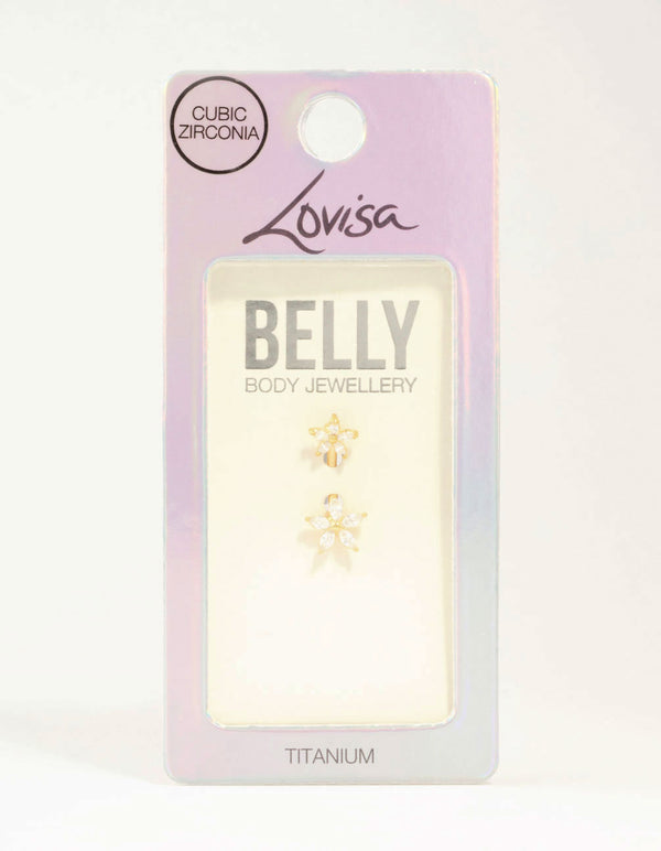 Gold Plated Titanium Double Diamante Daisy Belly Bar