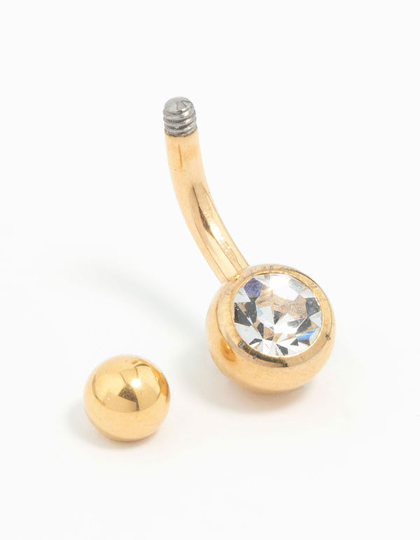 Gold Plated Titanium Bezel Cut Diamante Mini Belly Bar
