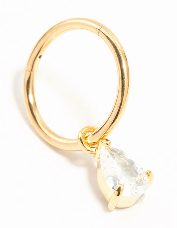 Gold Plated Titanium Cubic Zirconia Pear Charm Belly Ring