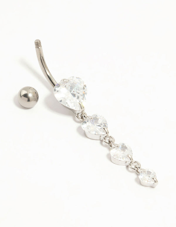 Titanium Graduating Cubic Zirconia Hearts Drop Belly Bar