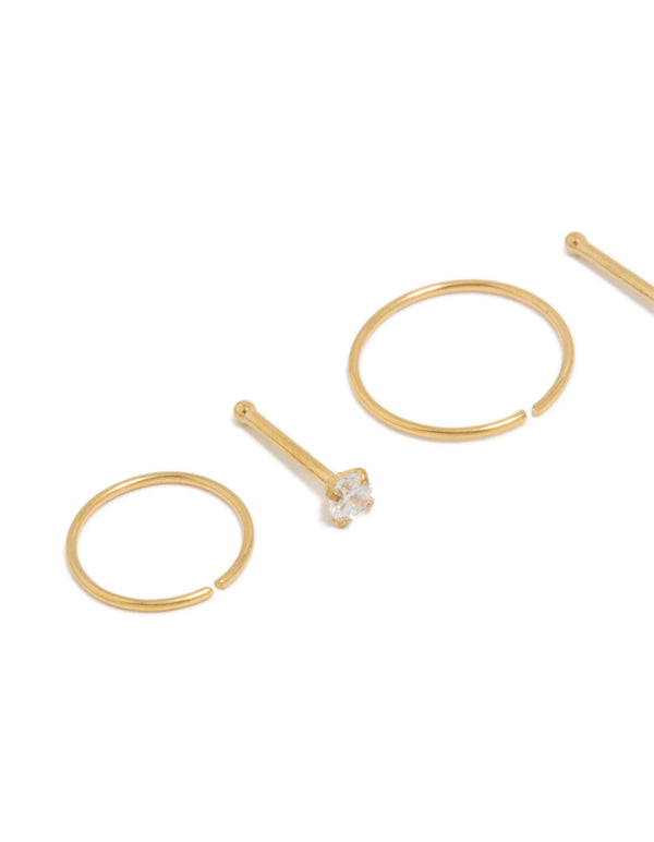Gold Plated Titanium Cubic Zirconia Nose Studs & Rings 6-Pack