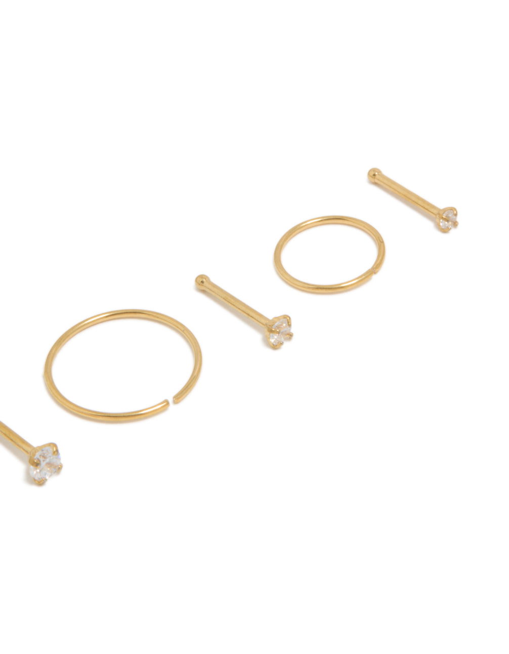 Crafted from gold plated titanium with cubic zirconia studs and hoop rings in close-up detail view