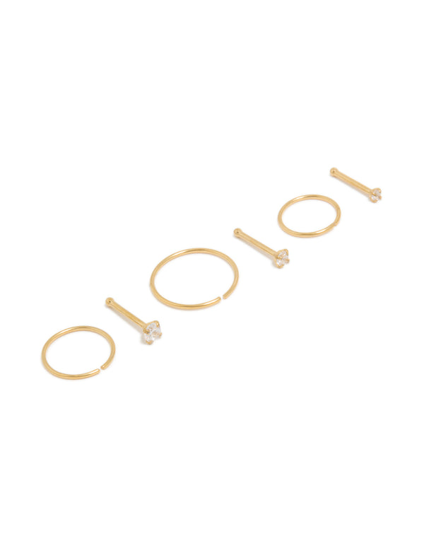 Gold Plated Titanium Cubic Zirconia Nose Studs & Rings 6-Pack