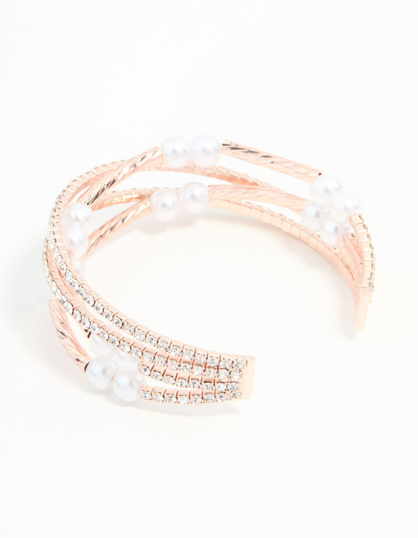 Rose Gold Pearl Long Beaded Stretch Wrist Cuff