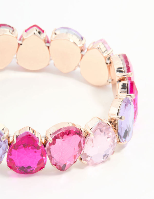 Rose Gold Pink & Purple Pear Shaped Diamante Stretch Bracelet