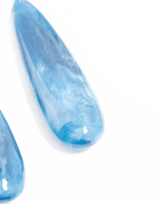 Blue Marble Long Silver Drop Earrings