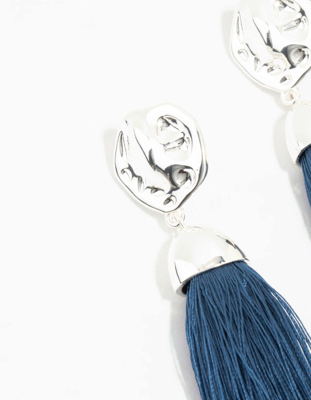 Silver Molten & Blue Tassel Drop Earrings