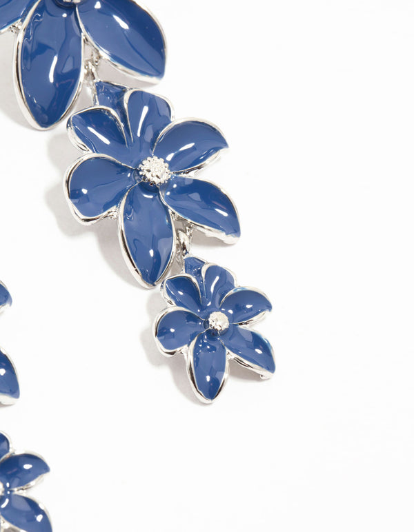 Silver Blue Flowers Drop Earrings