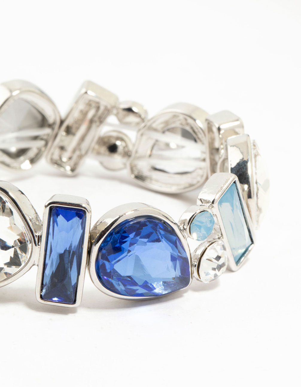 Silver Mixed Shape Blue  Diamante Stretch Bracelet