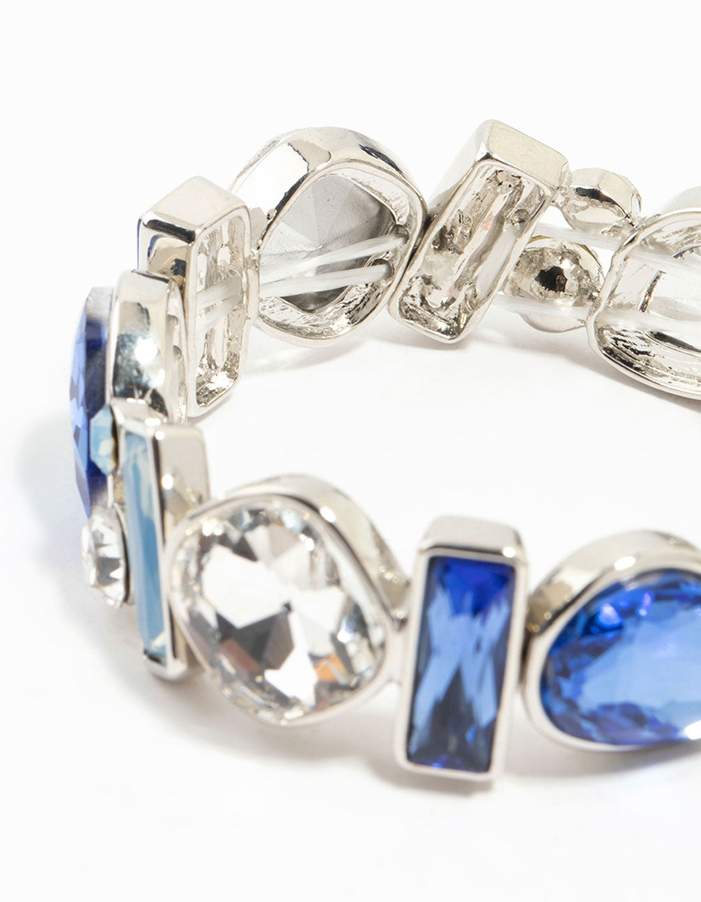 Silver Mixed Shape Blue  Diamante Stretch Bracelet