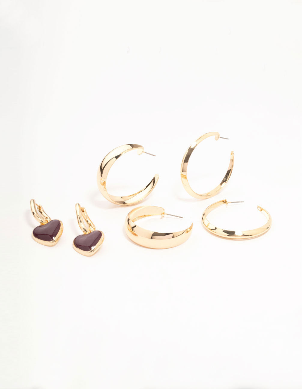 Gold Sleek Hoop & Red Heart Hoop Earrings 3-Pack