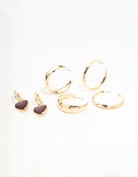 Gold Sleek Hoop & Red Heart Hoop Earrings 3-Pack - link has visual effect only