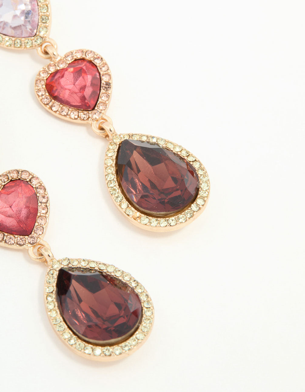 Red & Pink Diamante Heart Teardrop Gold Earrings