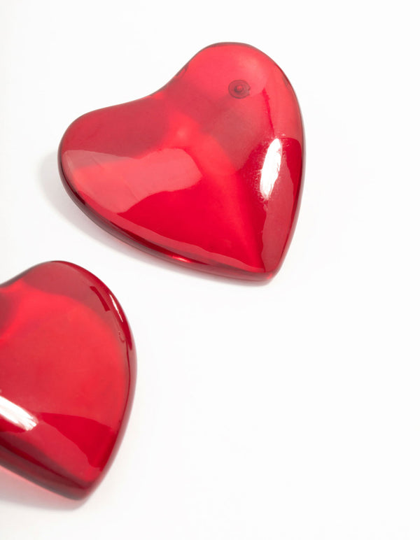 Large Red Acrylic Puffy Heart Stud Earrings