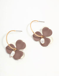 Brown Pearlised Flower & Pearl Hoop Earrings - link has visual effect only