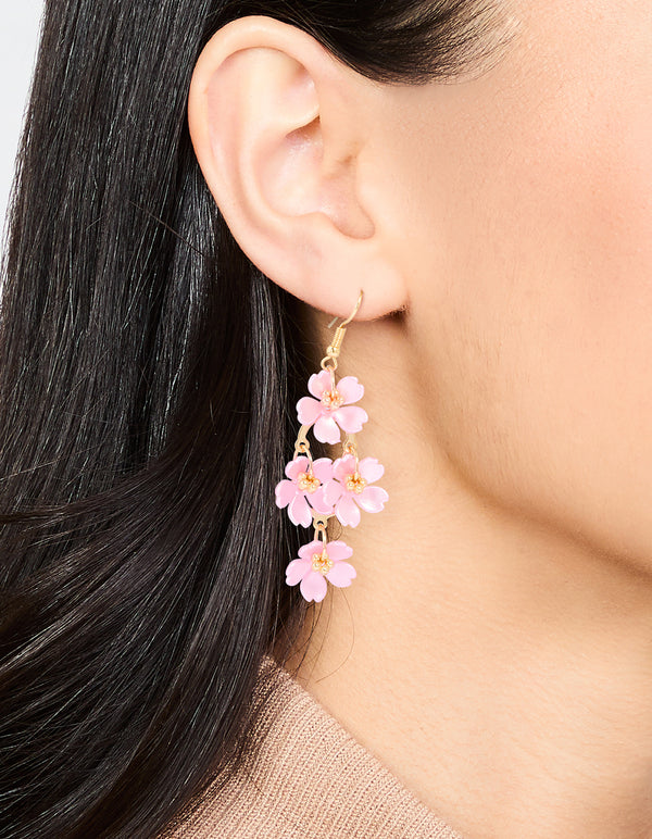 Pink Pearlised Flower Vine Gold Drop Earrings