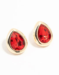 Red Pear Diamante Gold Stud Earrings - link has visual effect only