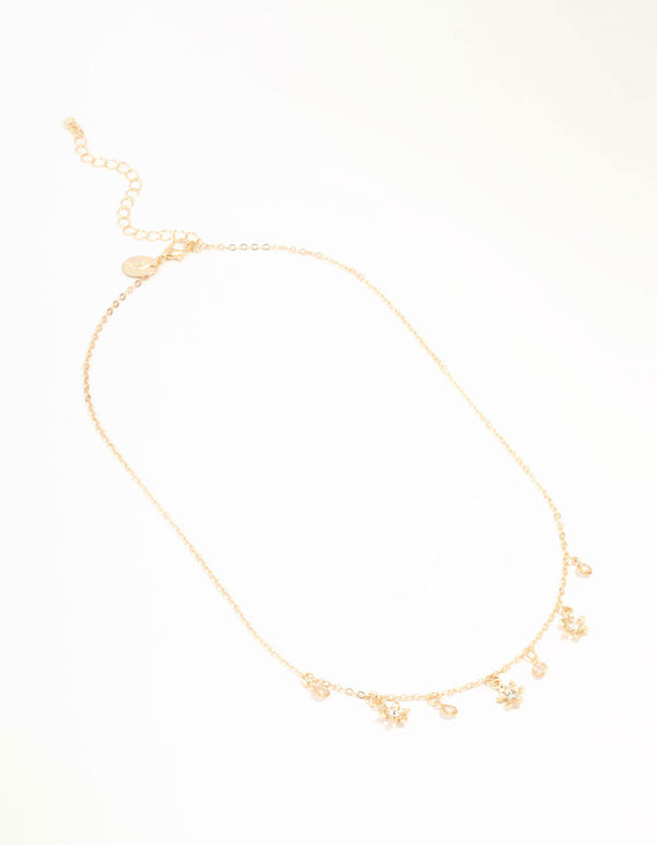 Gold Flower Diamante Droplet Necklace