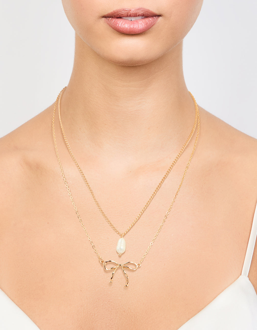 Gold Pearl & Bow Layered Necklace