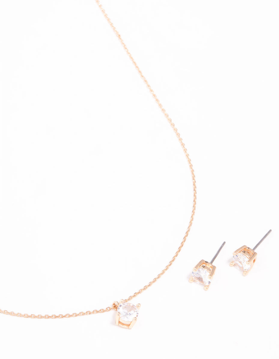 Gold Cubic Zirconia Necklace & Stud Earrings Set