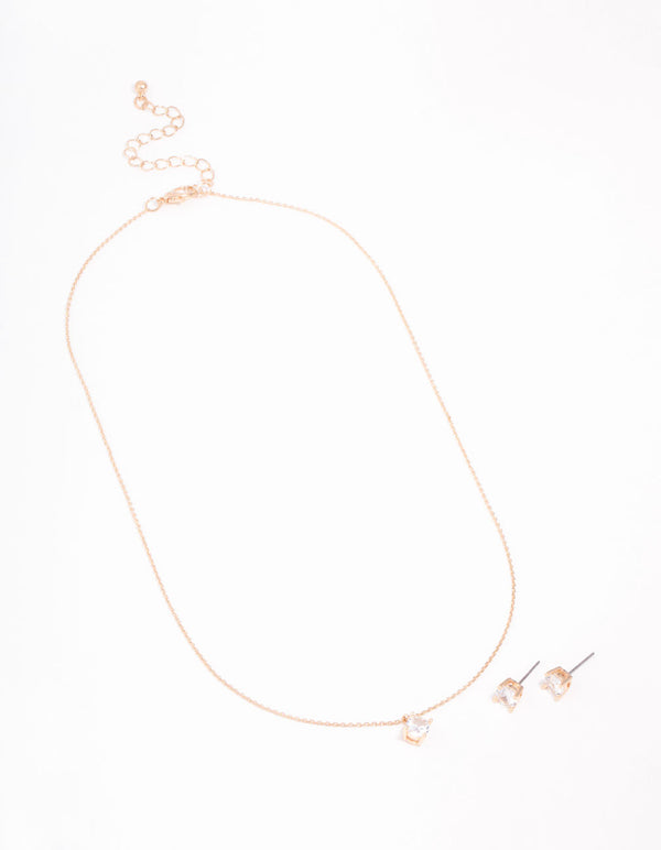 Gold Cubic Zirconia Necklace & Stud Earrings Set