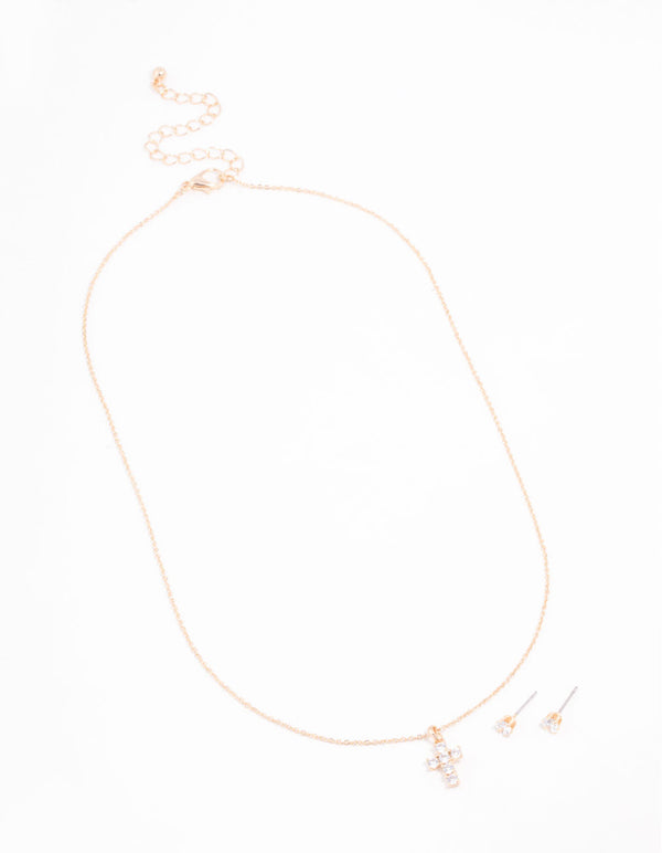 Gold Cubic Zirconia Cross Necklace & Earring Set