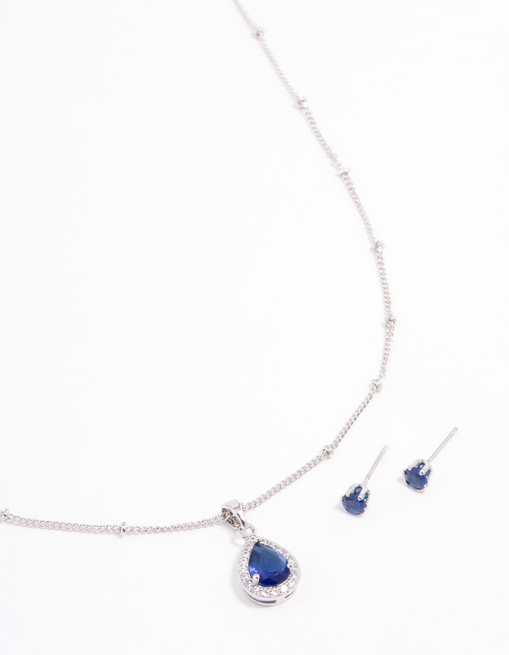 Blue Cubic Zirconia Silver Necklace & Stud Earrings Set