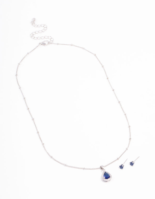 Blue Cubic Zirconia Silver Necklace & Stud Earrings Set