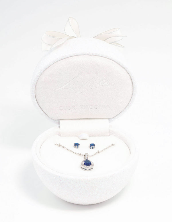 Blue Cubic Zirconia Silver Necklace & Stud Earrings Set