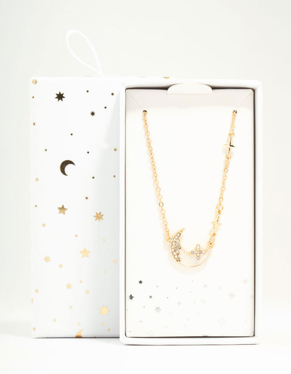 Gold Plated Diamante Celestial Moon Pendant Necklace