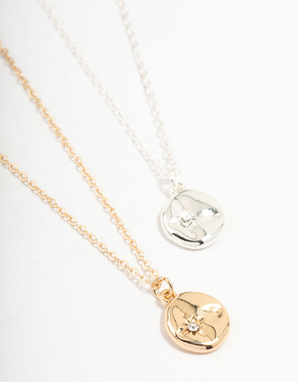 Mixed Metals Organic Round Diamante Star Necklaces 2-Pack