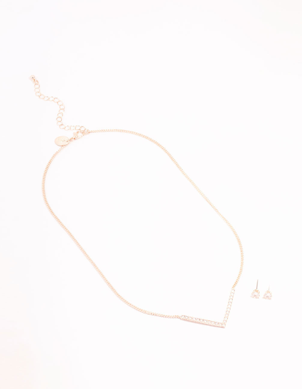 Rose Gold Cubic Zirconia V Necklace & Stud Earrings Set