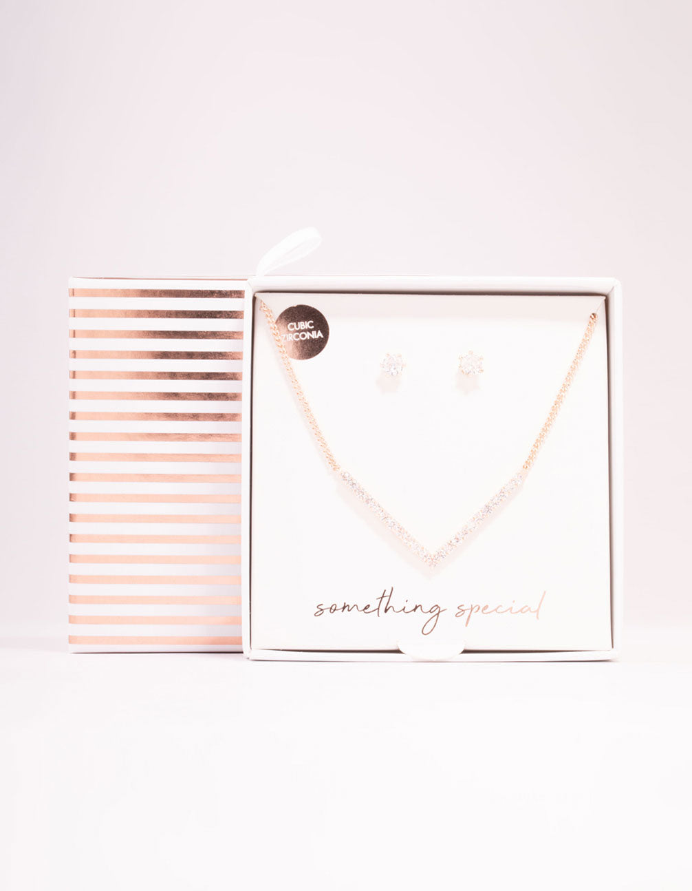 Rose Gold Cubic Zirconia V Necklace & Stud Earrings Set