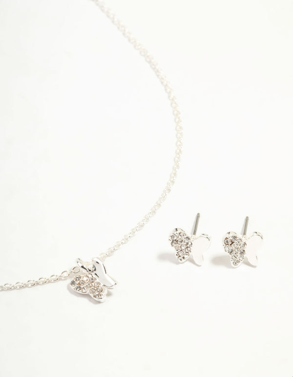 Silver Plated  Diamante Butterfly Necklace & Stud Earrings Set