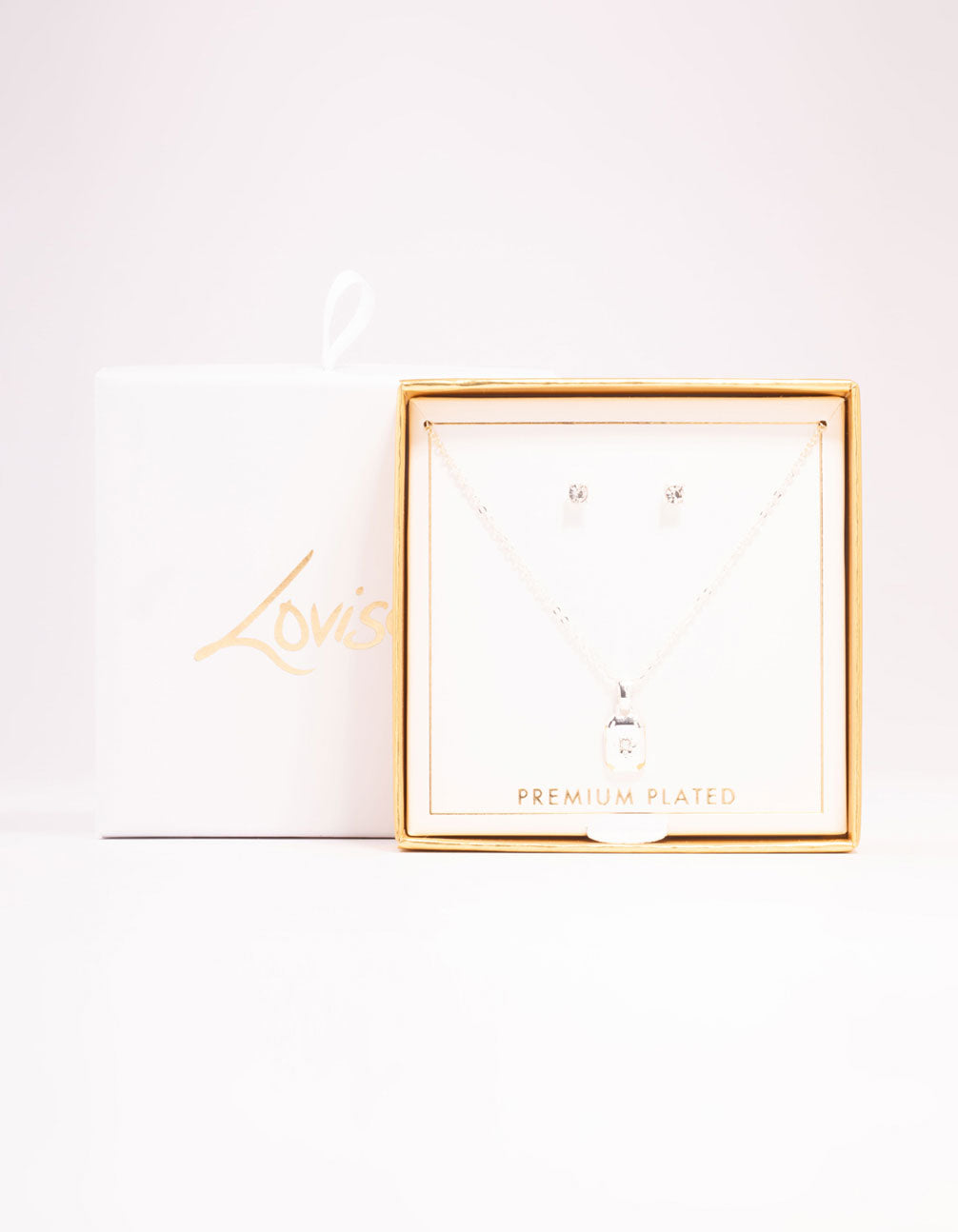 Silver Plated Rectangle Necklace & Stud Earrings Set