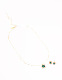 Green Diamante Square Halo Gold Necklace & Stud Earrings Set - link has visual effect only