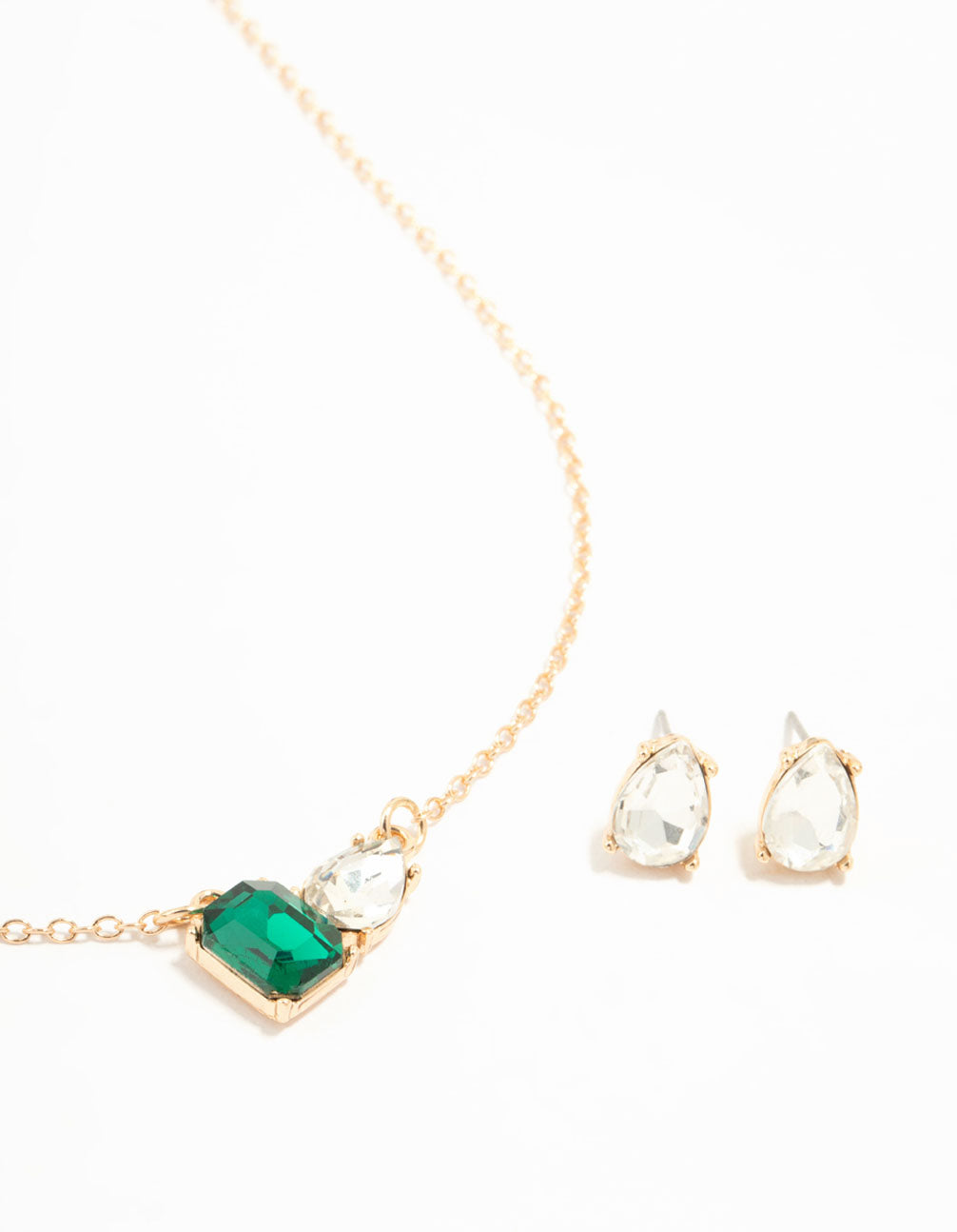 Green Diamante Teardrop Necklace & Stud Earrings Set