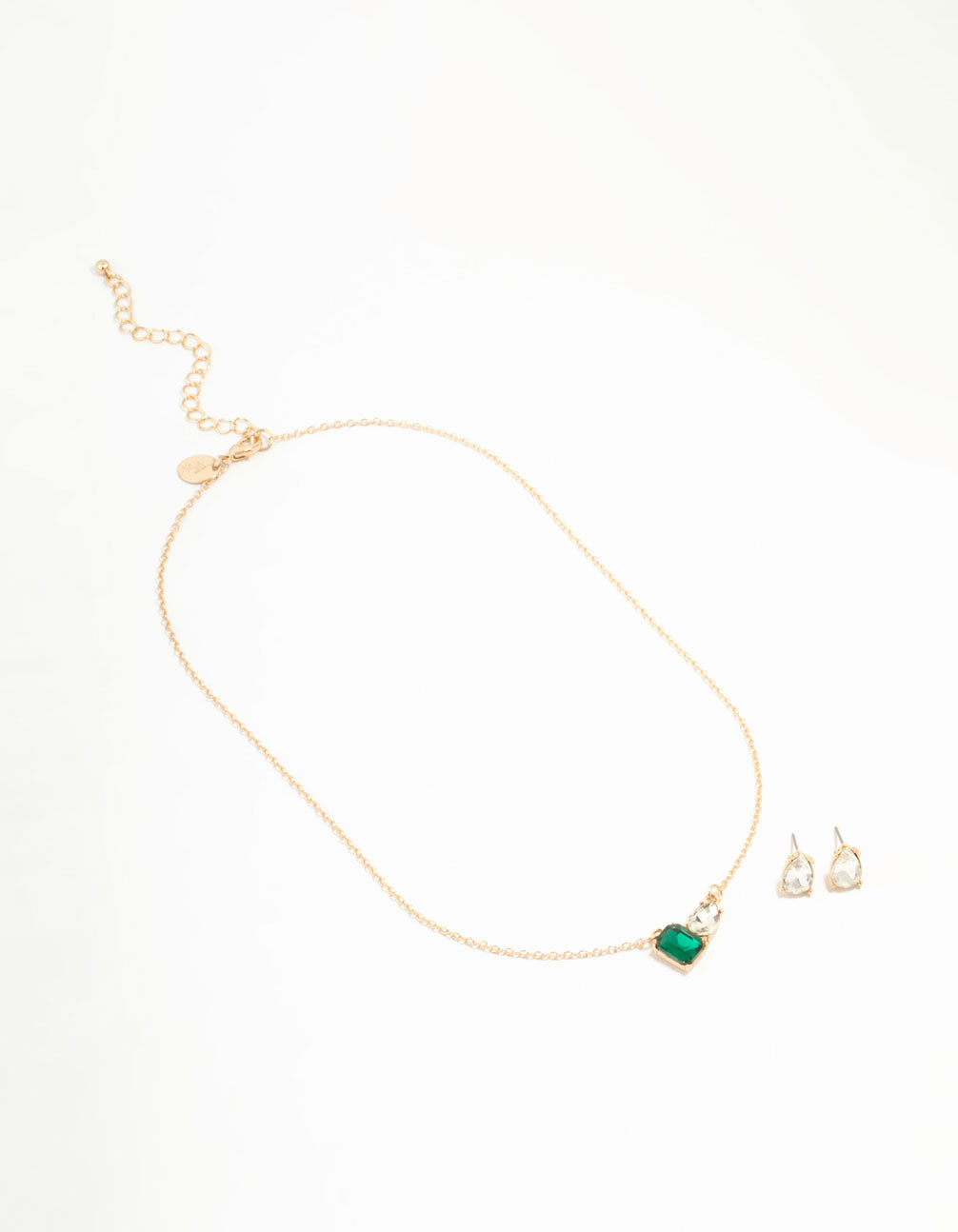 Green Diamante Teardrop Necklace & Stud Earrings Set
