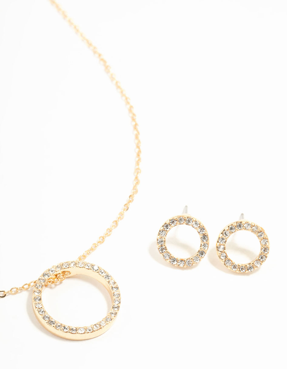 Gold Open Circle Diamante Necklace & Stud Earrings Set