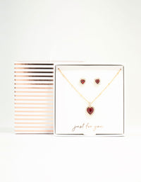 Gold Red Diamante Heart Necklace & Stud Earrings Set - link has visual effect only